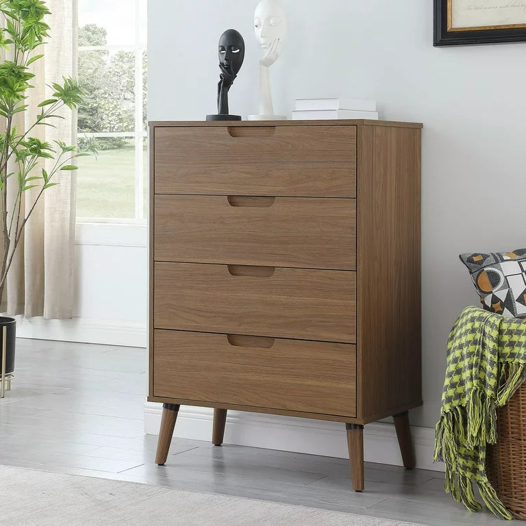 Gavetero Modern 4 Drawer Dresser, Bedroom, Brown Walnut